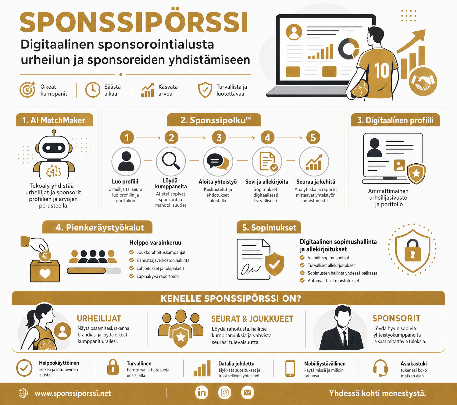 Sponssipörssi-palvelun kokonaisuus: AI MatchMaker, Sponssipolku, digitaalinen profiili, pienkeräystyökalut ja digitaaliset sopimukset urheilijoille, seuroille ja sponsoreille.